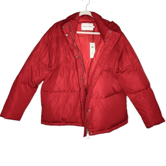 Rebecca Minkoff Zayne Quilted Puffer Down Jacket Red Large Hooded Long Sleeve - Picture 3 of 10